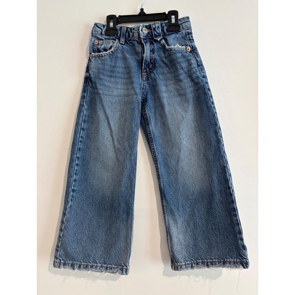 Zara Kids Wide Leg Distressed Jeans Size 6 Blue Raw Hem boys girls